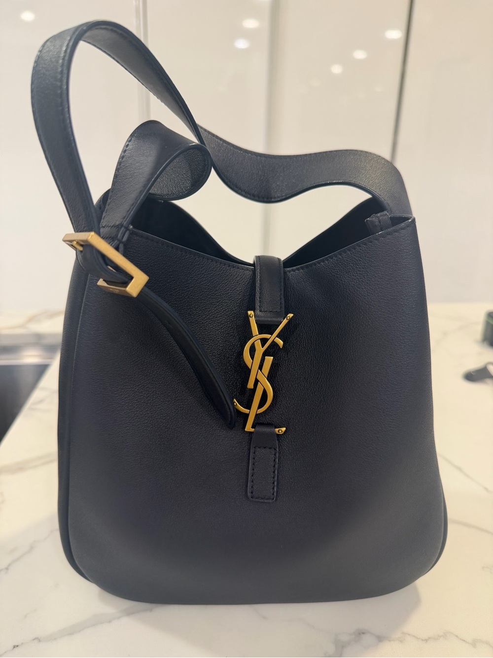 Saint Laurent Notte Leather Shoulder Hobo with Gold YSL Emblem